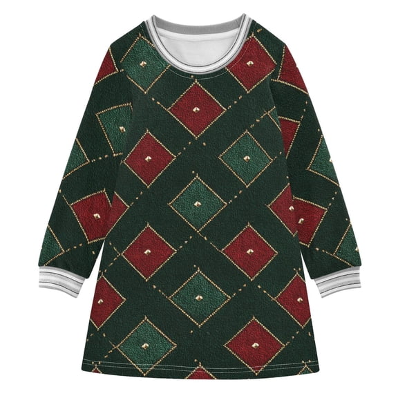 Red with Green Square Pattern Christmas Long-sleeved Dress A-line One-Piece Dress for 2-8 Years Casual Party 5-6Y