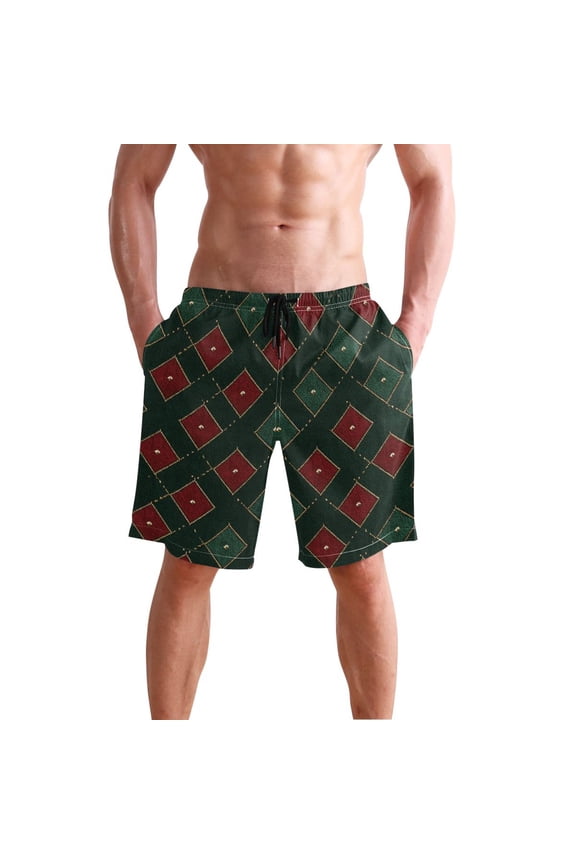Red with Green Square Pattern Christmas Men's Swim Trunks Beach Shorts Bathing Bottoms XXL