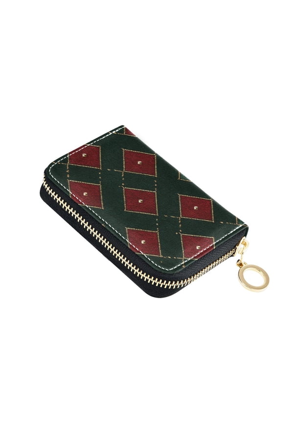 Red with Green Square Pattern Christmas Women's Credit Card Holder PU Leather Zipper Wallet RFID Blocking