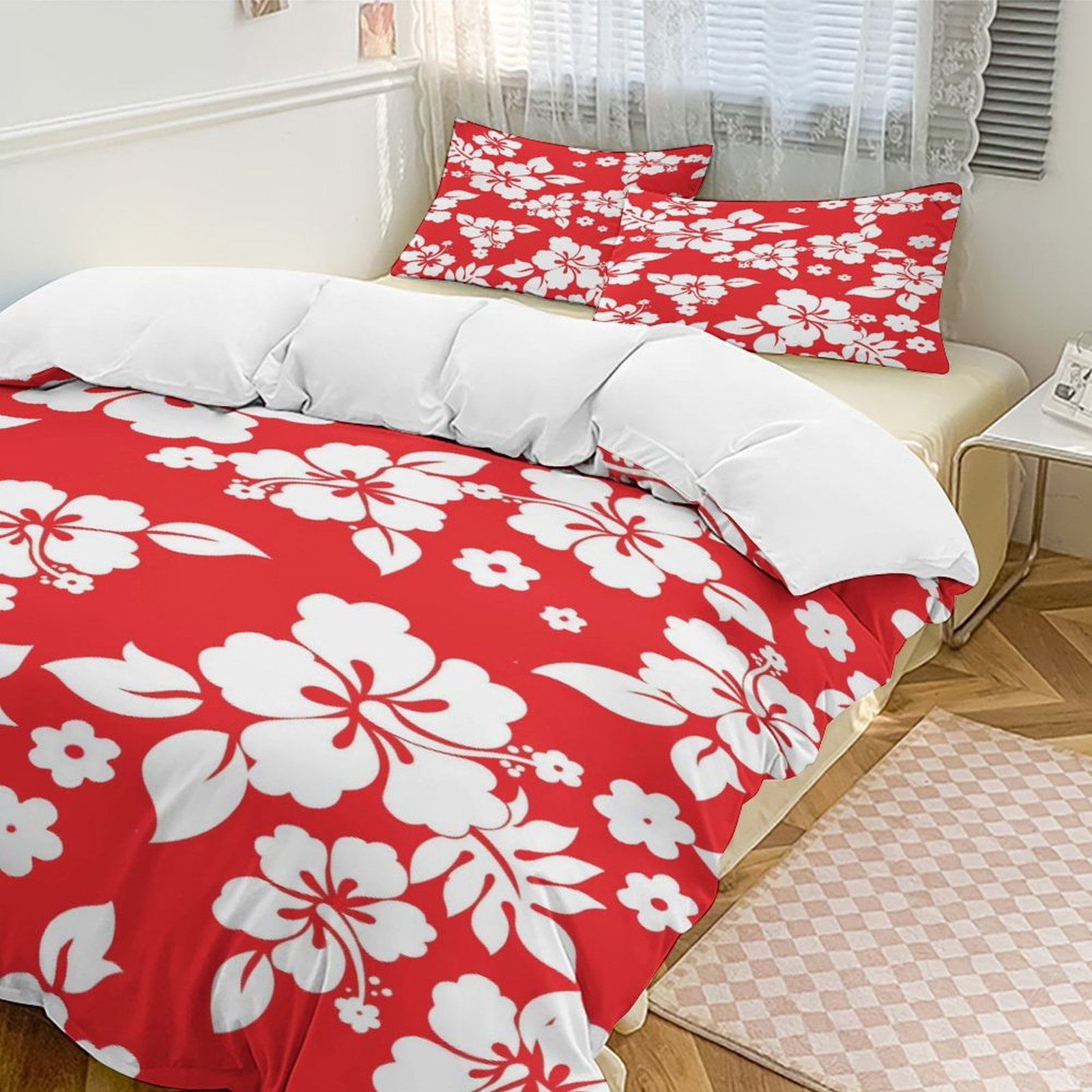 Red with White Hibiscus Hawaiian Flower Pattern (2) Duvet Cover Set Bedding Set Polyester Quilt Cover for Bedroom Decoration