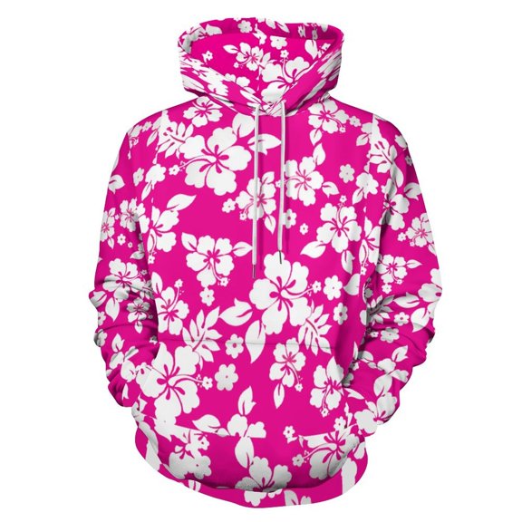 Red with White Hibiscus Hawaiian Flower Pattern Men's Women Vintage 3D Hooded Sweatshirt - All-Season Loose Fit Streetwear