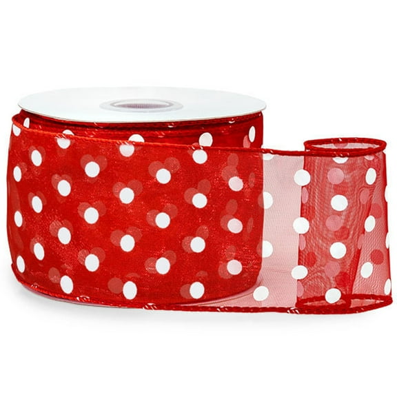 Red with White Polka Dots Sheer Wired Ribbon - 2 1/2" Wide x 25 Yards (52912)
