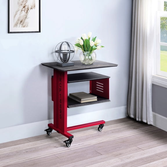 Red wood and metal rectangular accent table | For primary living spaces to enhance style | Comes with wall shelf for added storage