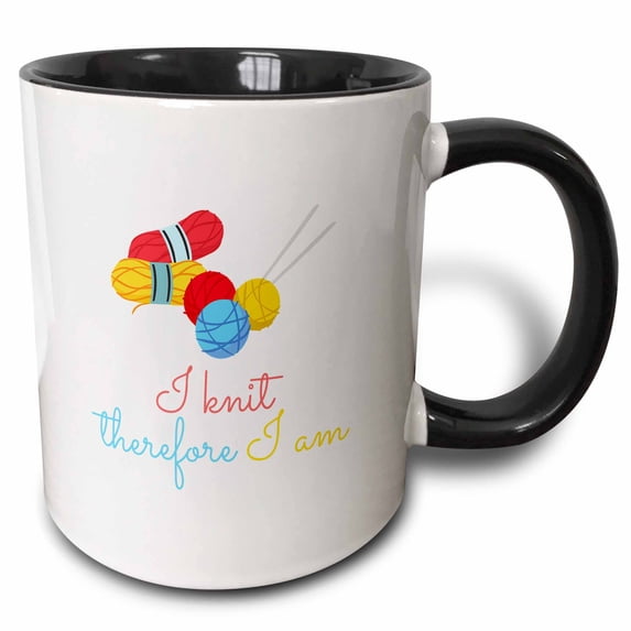 Red, yellow, blue yarn, knitting needles. I knit therefore I am text 11oz Two-Tone Black Mug mug-339559-4
