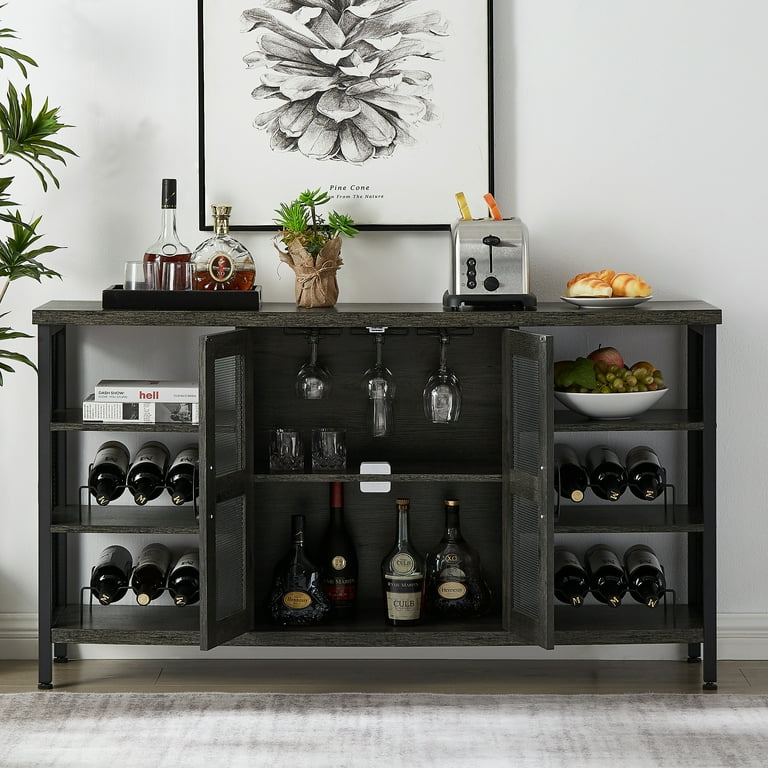 RedBrick Industrial Wine Bar Cabinet Liquor Storage Credenza Sideboard with Wine Racks Stemware Holder Dark Grey 55.12 w x 13.78 d x 30.31 h Walmart