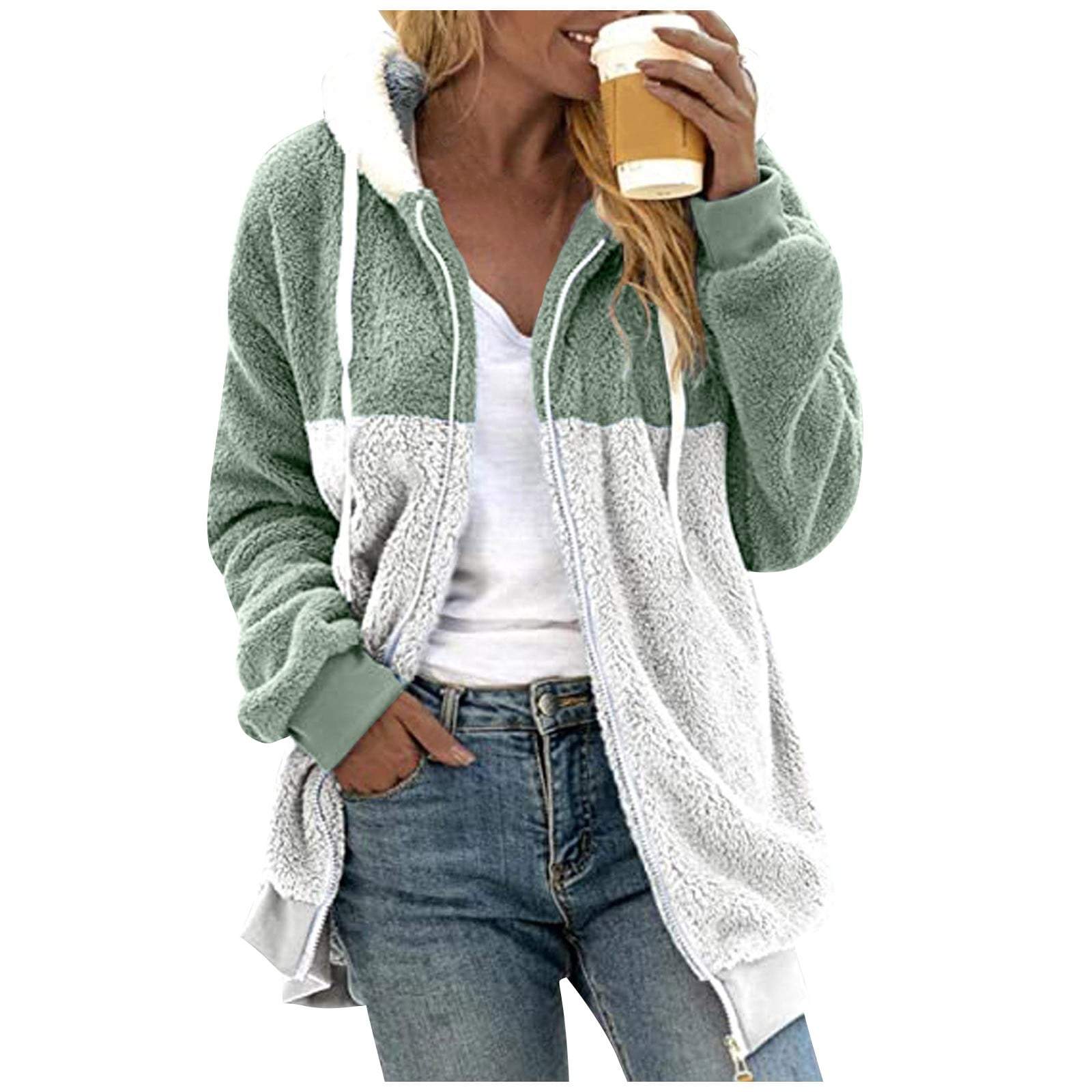 RedBrowm Women s Fleece Sherpa Hoodie Jacket Warm and Cozy Zip Up Sweatshirt with Pockets Color Block Design Mint Green L Walmart