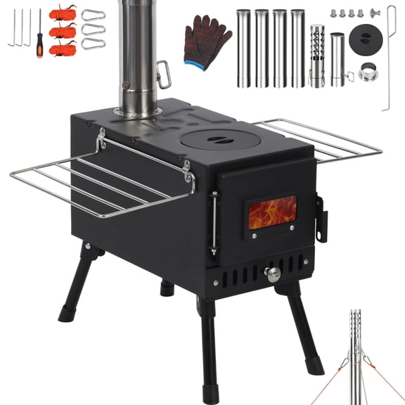 RedCamp Portable Hot Tent Wood Stove Foldable Camping Stove with 6 Chimney Pipes Front Window Side Racks for Outdoor Heating Cooking Black