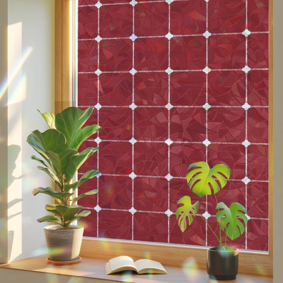 RedCheckered Window Privacy Film, Modern Minimalist Geometric Grid Lines Plaid Stained Glass Rainbow Film Decorative Window Clings, Static Cling Sun Blocking Stickers 29.5" x 118"