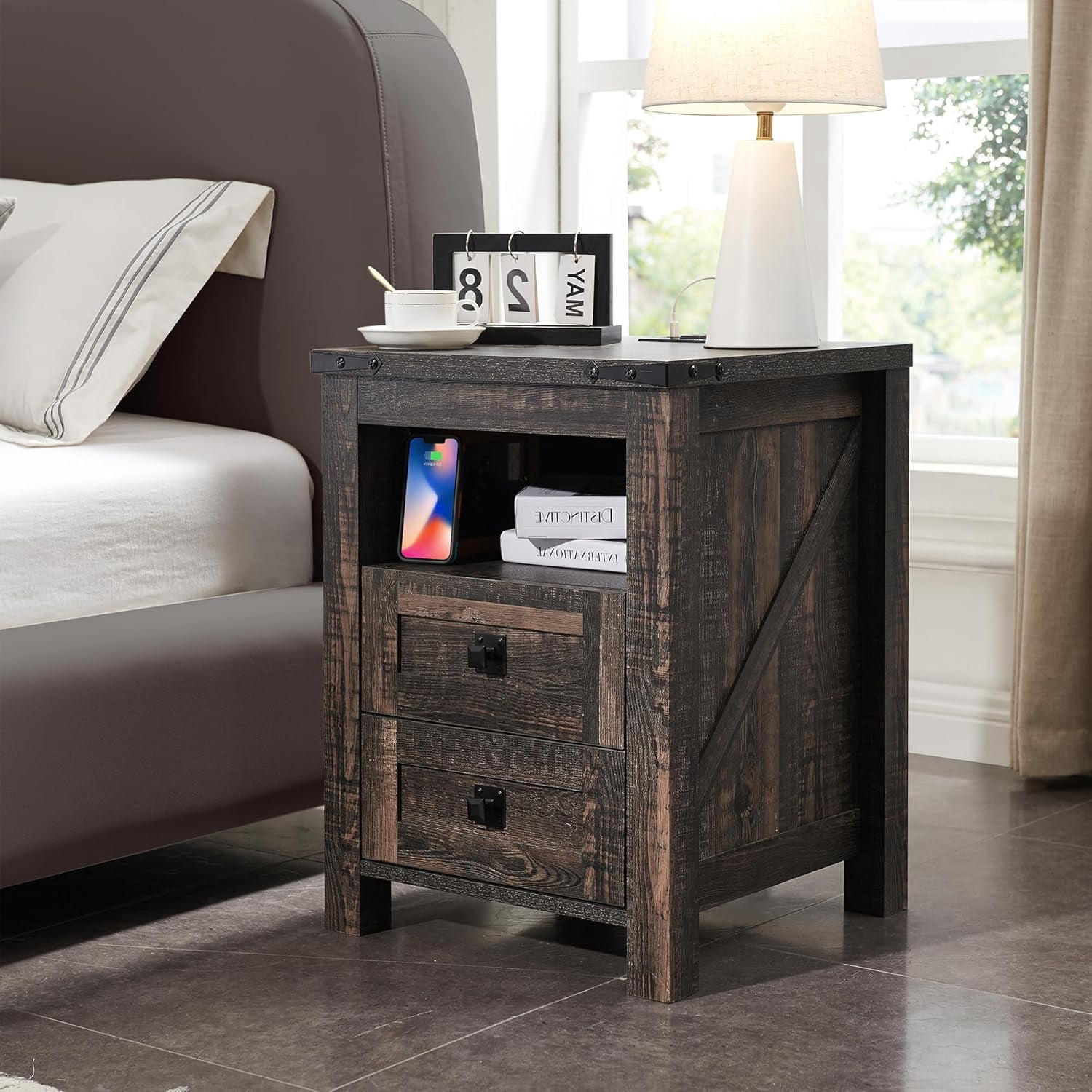 RedLemon Farmhouse Nightstand with Charging Station, Rustic 18 Inch End ...