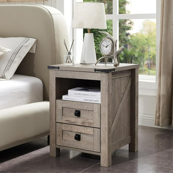 RedLemon Farmhouse Nightstand with Charging Station, Rustic 18 Inch End Table with 2 Storage Drawers and Open Shelf, Wood Sofa Side Table for Bedroom, Living Room (Light Rustic Oak)