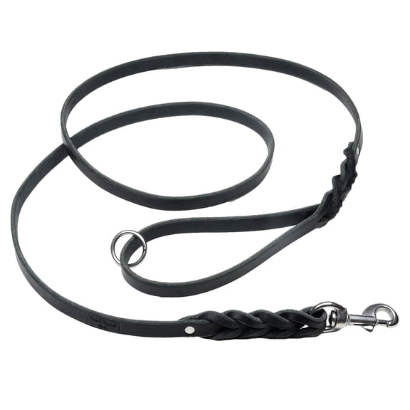 Redline K9 Black Braided Latigo Leather Dog Leash with Stainless Clasp - 3/8" x 3'