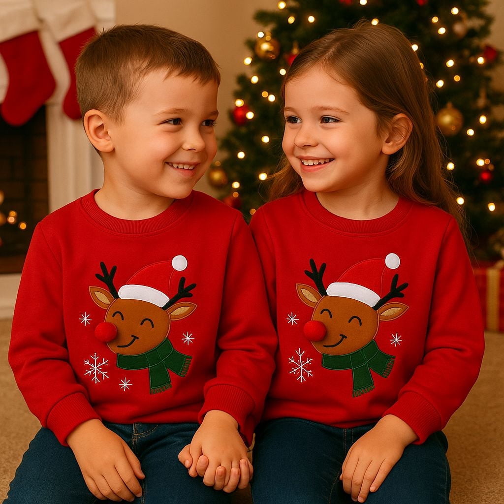 Kids Christmas Sweatshirt, Cotton Pullover Top with Reindeer Appliqué, Unisex Holiday Long Sleeve Shirt for Toddler Boys Girls 3T