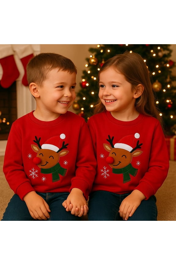 Kids Christmas Sweatshirt, Cotton Pullover Top with Reindeer Appliqué, Unisex Holiday Long Sleeve Shirt for Toddler Boys Girls 3T