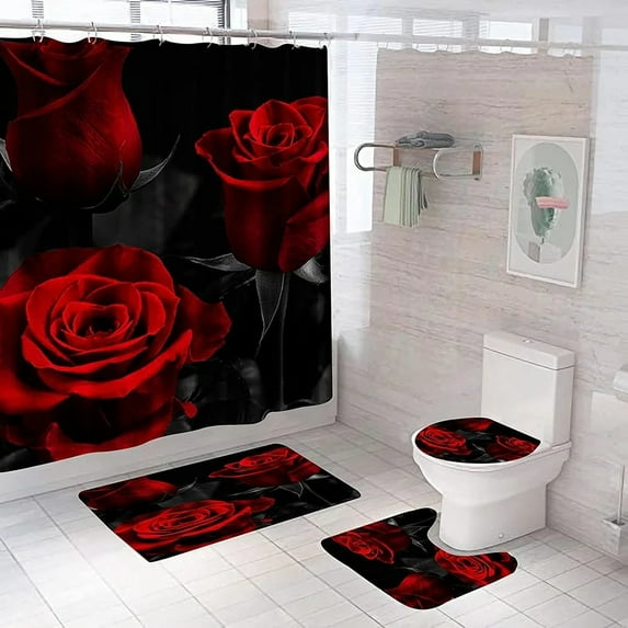 RedRoseShowerCurtainSetsNon-SlipRugsToiletLidCoverBathMatsWaterDropFlowersValentine'sDayBathroomDecorCurtains