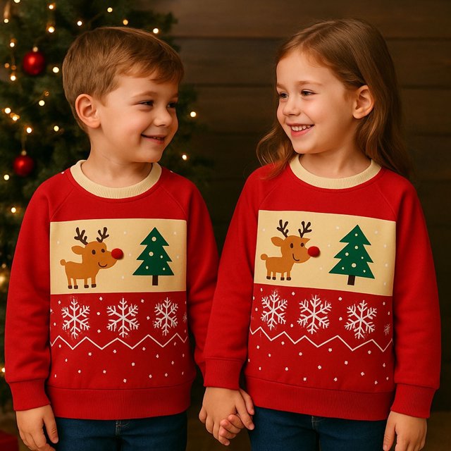 HILEELANGKids Christmas Sweatshirt, Cotton Pullover Top with Reindeer and Tree Print, Unisex Holiday Long Sleeve Shirt for Toddler Boys Girls 6Years (Red Snowflake Pattern)