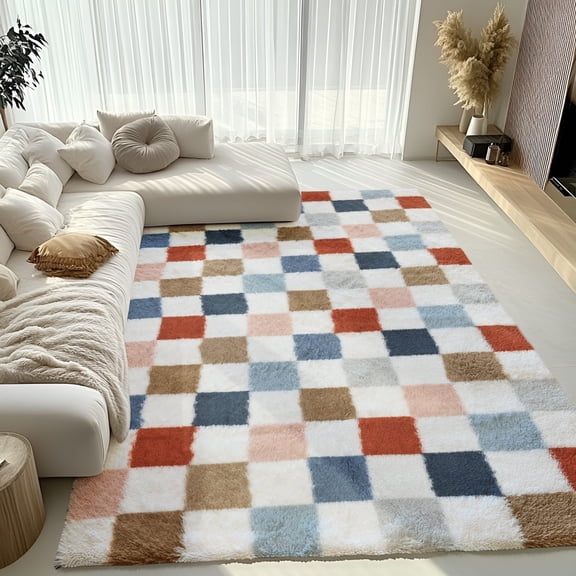 Pentantan Shag Area Rug, 5’ x 8’ Classic Checkered Soft Fluffy Indoor Rugs for Living Room Bedroom Carpet, White & Blue
