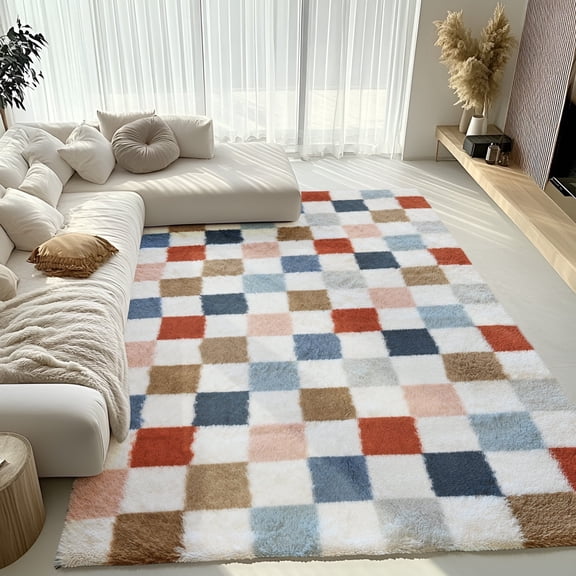 Pentantan Shag Area Rug, 8’ x 10’ Classic Checkered Soft Fluffy Indoor Rugs for Living Room Bedroom Carpet, White & Blue