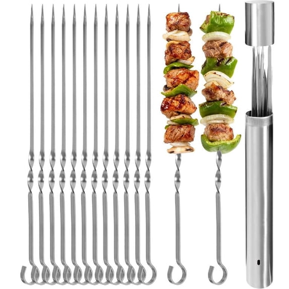 RedSwing Flat Metal Kabob Skewers – Stainless Steel, Reusable, 14 in with Metal Storage Tube, 12 Count