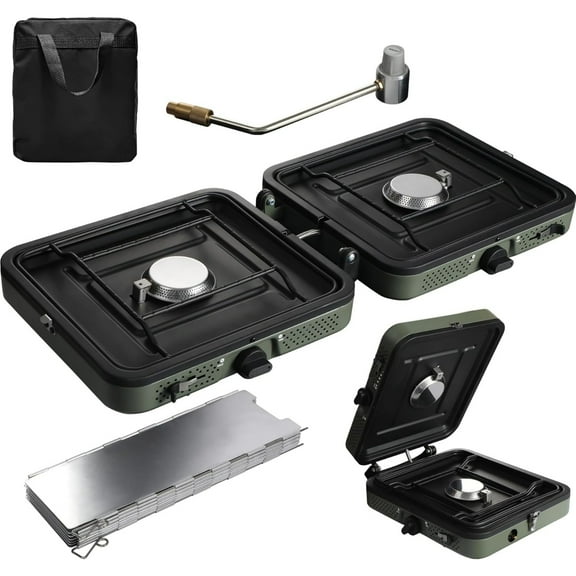 RedSwing 2-Burner Camping Stove with 12 Plates Windscreen, Portable Folding Gas Stove with 17000 BTU Adjustable Burners for Camping, Picnic, Backyard, BBQ, Tailgating, Suitable for Propane & Butane