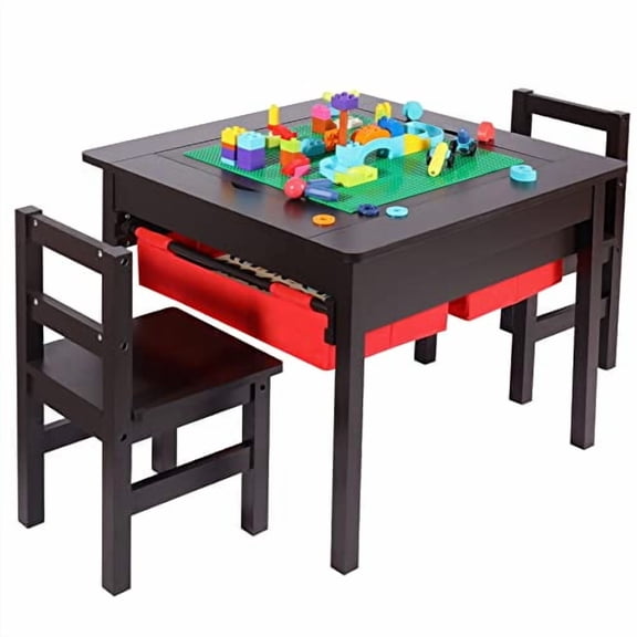 RedSwing Activity Table and 2 Chairs with Storage, 2 in 1 Building Block Tabletop for Arts, Crafts, Reading, Preschool, Espresso