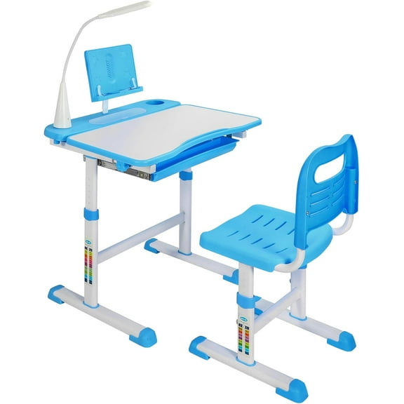 RedSwing Kids Desk and Chair Set, Height Adjustable Children Study Table Chair with Led Light, Bookstand, Portable Kids Desk with Tilted 0-60° Table Top for Age 3-15, Blue