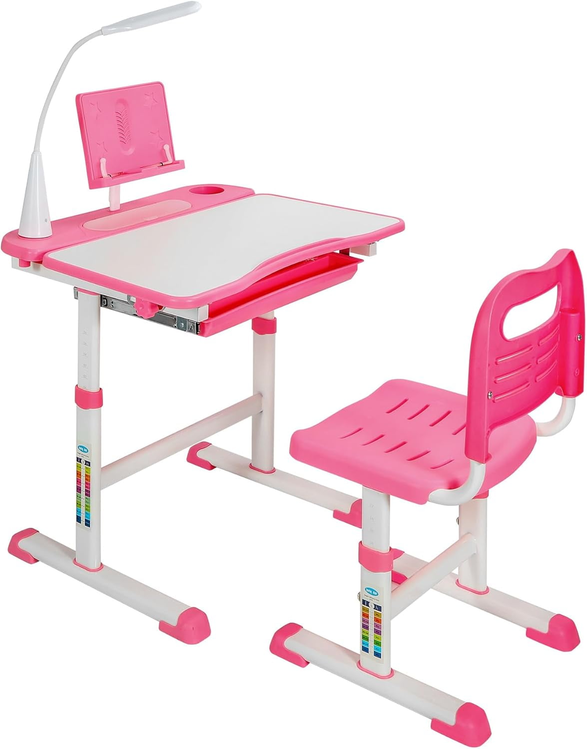 RedSwing Kids Desk and Chair Set, Height Adjustable Children Study Table Chair with Led Light, Bookstand, Portable Kids Desk with Tilted 0-60° Table Top for Girls Age 3-15,Pink