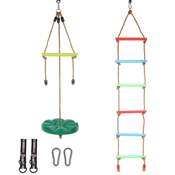 RedSwing Kids Rope Ladder and Disc Swing Combo with Monkey Bars Hanging Climbing Ladder with Strap Snap Hook for Playground Backyard
