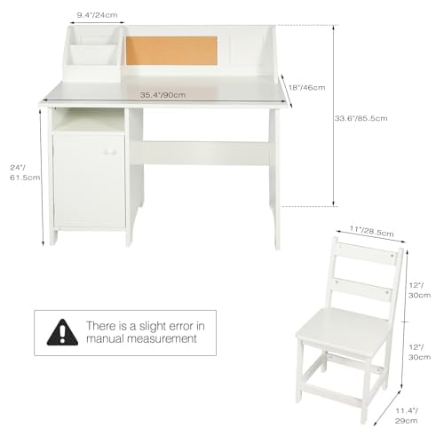 RedSwing Kids Study Desk and Chair Set with Hutch, Wooden Writing Table, Ergonomic Homework Station with Storage Cabinet & Bulletin Board for Bedroom, School, White