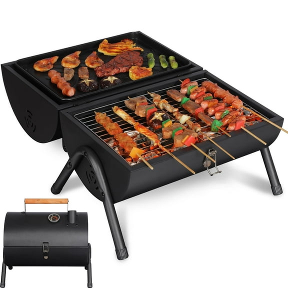 RedSwing Portable Charcoal Grill with Thermometer, Heavy-Duty Foldable Table Top Grill Charcoal, Compact Small Tabletop Barbecue Grillfor Camping, Backyard, Beach - Easy Assembly, Dual Grilling Zones