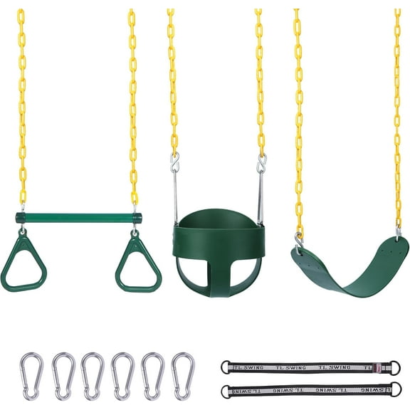 RedSwing Trapeze Swings Bar with Rings, Belt Swing Seat and Bucket Swings Combo Pack (Triangle and Chain Dip) for Kids Outdoor with 57-86" Rope,High Back Toddler Bucket Seat, Green