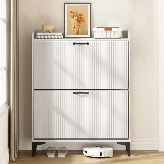 Redayfur 2 Tier Shoe Cabinet with Door Panel Wooden Shoe Storage Organizer for Entryway Closet and Bedroom