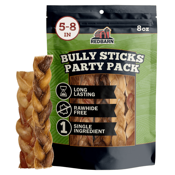 Redbarn All Natural 5"-8” Braided Bully Sticks for Dogs - 100% Beef Single Ingredient - 8 oz Bag