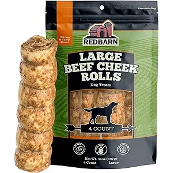 Redbarn Large Beef Cheek Rolls for Dogs, Chicken & Carrot Glazed - Long Lasting Natural Chew - 4 Count