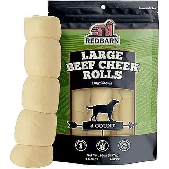 Redbarn Large Beef Cheek Rolls for Dogs, Uncoated - Long Lasting Natural Chew - 4 Count