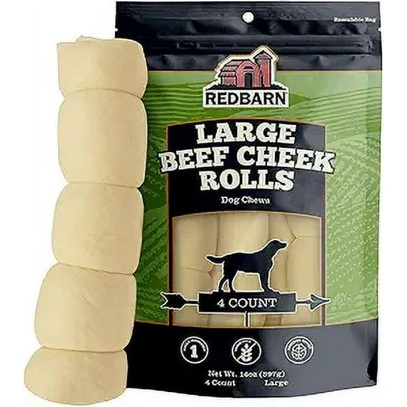 Redbarn Large Beef Cheek Rolls for Dogs, Uncoated - Long Lasting Natural Chew - 4 Count