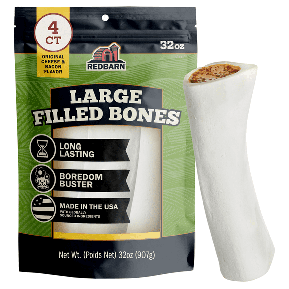 Redbarn Large Filled Bones, Cheese & Bacon - Long Lasting Chew Bones for Dogs - 4 Count