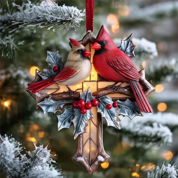 Redbird Christmas Ornament, Red-Bird Cardinal Ornament, for Loss of Loved One, Memorial Gifts for Loss of Mom, Dad - Cozy Cross Hanging Decor, Stained Red Sparrow Xmas Tree Decor,Memorial Birds Gifts