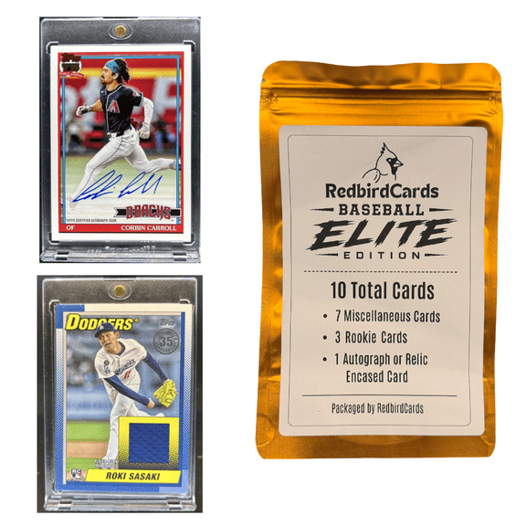 RedbirdCards Baseball Sports Card Mystery Pack | Elite Edition | 1 Encased Autograph or Relic Card Guaranteed | 3 Rookie Cards | 10 Total Cards
