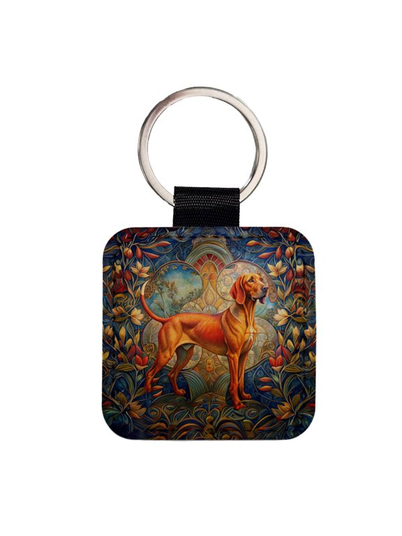Redbone Coonhound Dog Art Nouveau Faux Leather Square Keychain