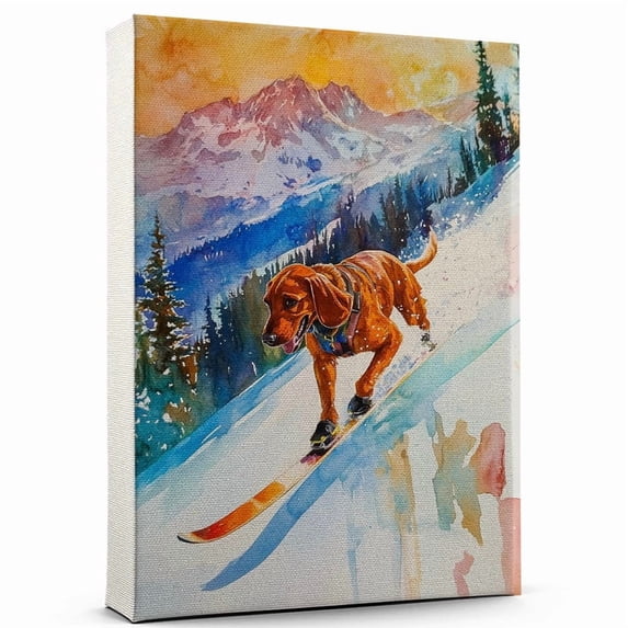 Redbone Coonhound Dog Canvas Skiing Stretched Canvas Size 8x12 – Funny Redbone Coonhound Dog Canvas Wall Decor, Funny Dog Wall Art for Skiing Room