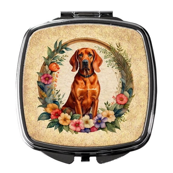 Redbone Coonhound and Flowers Compact Mirror 2.75 in x 3 in