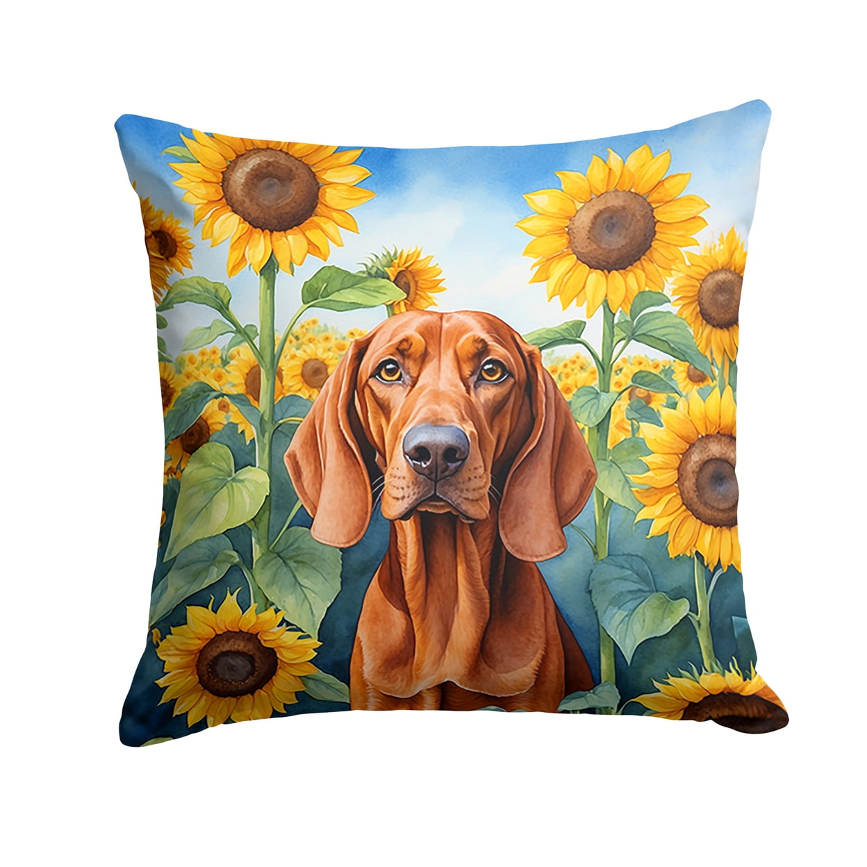 Redbone Coonhound in Sunflowers Throw Pillow 18 in x 18 in
