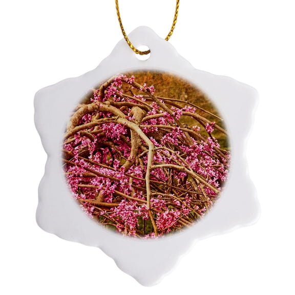 3drose, Redbud Tree, 3 inch Snowflake Porcelain Ornament