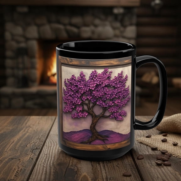 Redbud Tree Mug, Botanical Art Coffee Cup, Spring Pink Tree Ceramic Tea Cup, Nature Lover Gift, Farmhouse Floral Woodland Decor, 15 oz Black