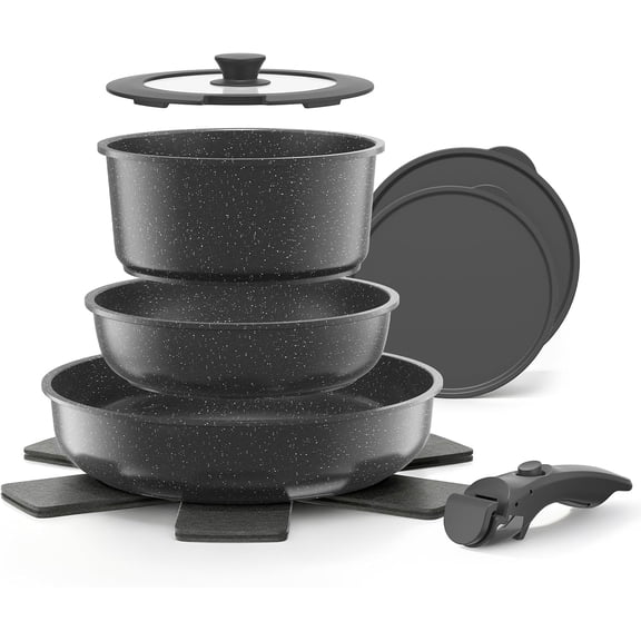 YASHE 9 Pcs Nonstick Cookware Set with Detachable Handle, Stackable Pots and Pans Set, Induction Compatible, Oven Safe, Space Saving Kitchen Cookware for Home & RV
