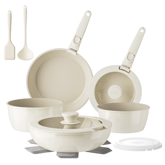 Redchef Ceramic Pots and Pans Set, Nonstick Kitchen Cookware Set with Detachable Handle, 16pcs, RV Ceramic Cookware for Camping, Dishwasher/Oven Safe