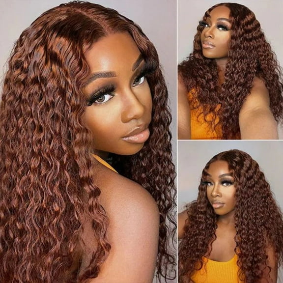 Reddish Brown 5X5 Deep Wave Lace Front Wigs Human Hair Auburn Brown Wear Go Wig Water Wave Wigs for Women Deep Curly Human Hair Wigs 180% Density