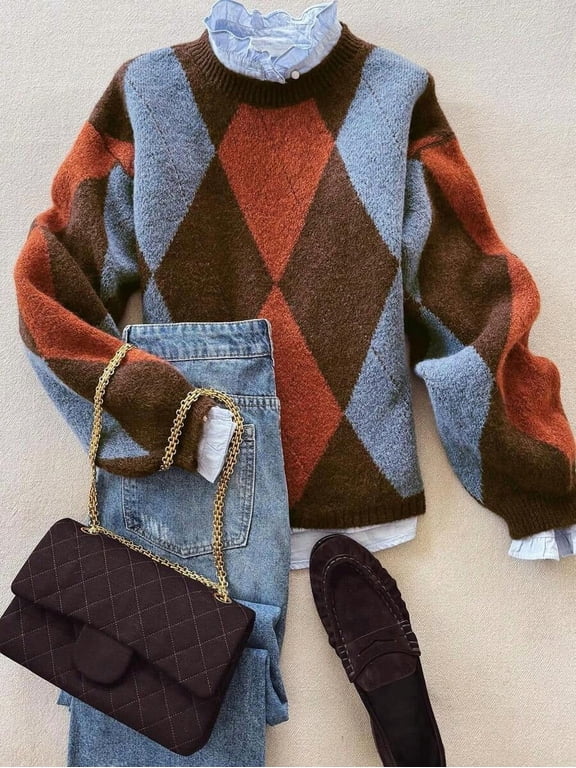 Reddish Brown Argyle Pattern Crew Neck Loose Knit Pullover Sweater