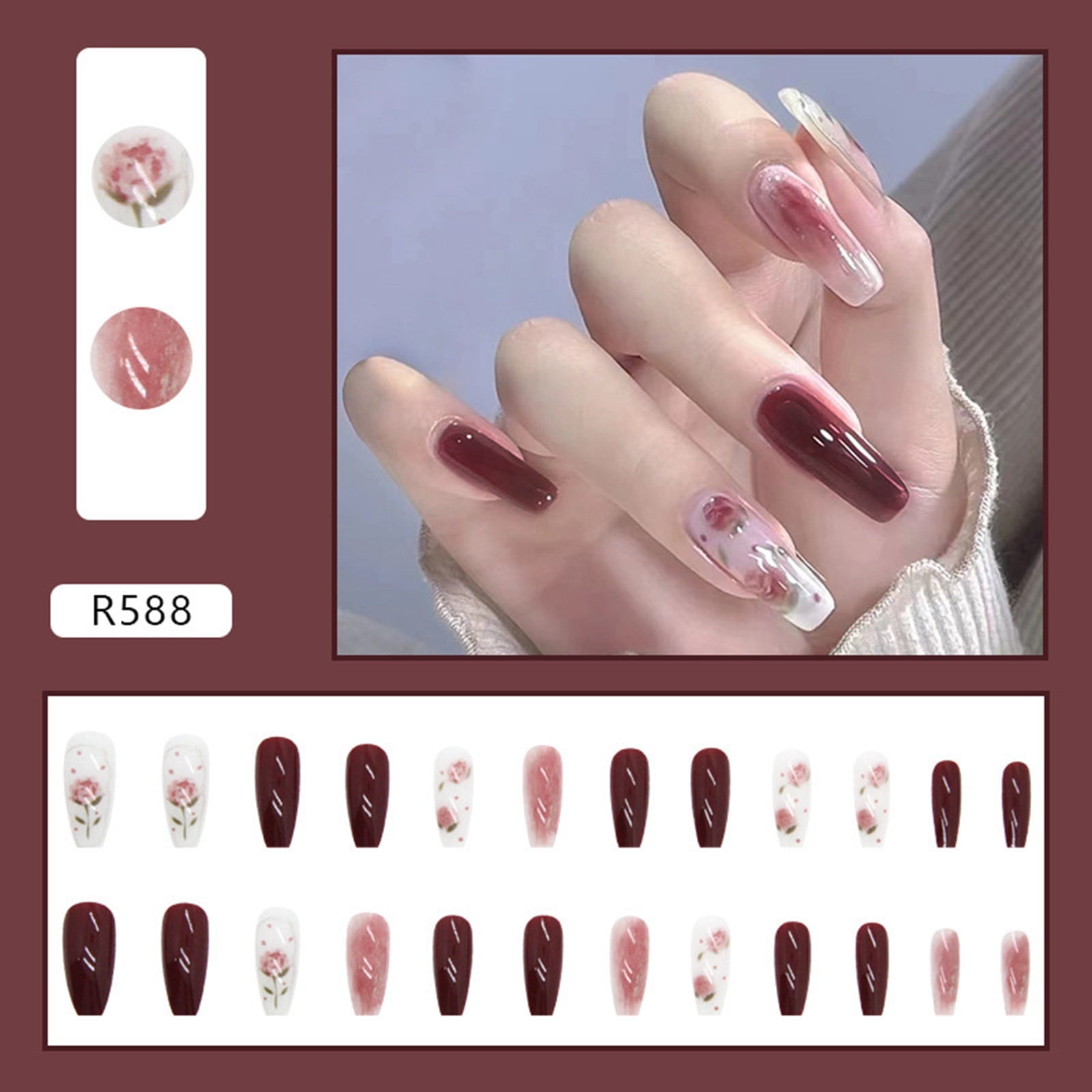 reddish-brown-false-nail-patch-rose-pattern-long-removable-nail-in