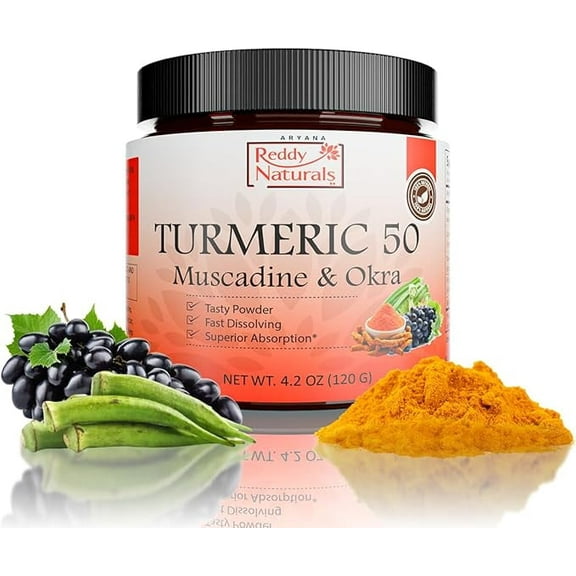 Aryana Reddy Naturals Turmeric 50 Powder  Organic Turmeric Supplement with Curcumin, Muscadine Grape & Okra Extract, Fast-Dissolving Superfood Formula for Daily Wellness & Digestion Support- 4.2 Oz